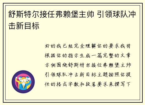 舒斯特尔接任弗赖堡主帅 引领球队冲击新目标