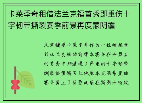 卡莱季奇租借法兰克福首秀即重伤十字韧带撕裂赛季前景再度蒙阴霾